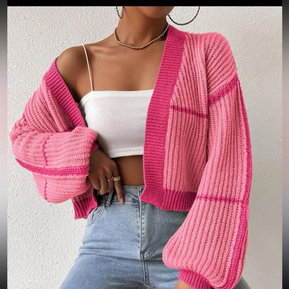 SHEIN NWOT contrast trim lantern sleeve duster cardigan pink small